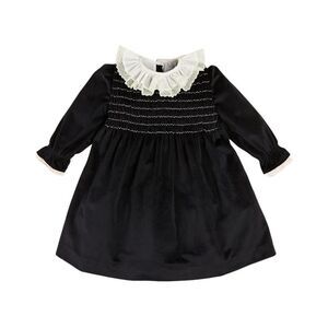 Pepa London Girls  Velvet Smocked Lace Collar Dress, Black